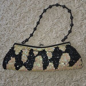 Vintage Black and Iridescent Sequined Clutch Evening Bag with Beaded Handle